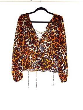 Topshop Leopard-Print Lace-Up Blouse in Orange and Black